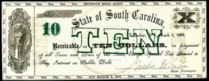 March 2, 1872 Columbia State Of  South Carolina Revenue Bond Scrip $10 Obsolete - Picture 1 of 2