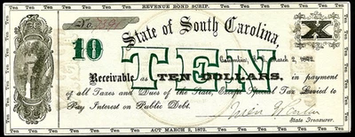 March 2, 1872 Columbia State Of  South Carolina Revenue Bond Scrip $10 Obsolete - Image 1 of 2