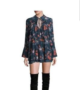 Free People Navy So Fine Floral Print Smocked Boho Tunic Blouse Top Size L NWT - Picture 1 of 13