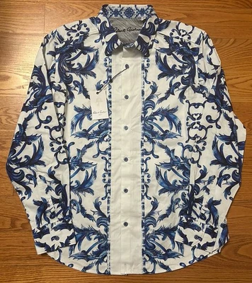 NWT! Mens Robert Graham ZUMA Baroque-Print Sport Shirt White/Blue XL $348! - Image 1 of 4