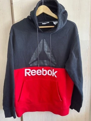 REEBOK Black Red Logo Hoodie Mens Large L Warm Sweatshirt Activewear Pullover - Image 1 of 4