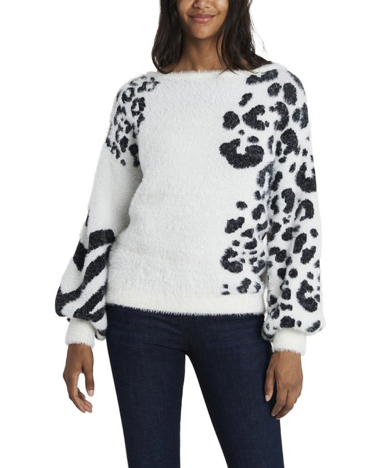 Suéter Pullover Vince Camuto Para Mujer L Estampado Animal Negro Blanco Pestañas Foto 1 de 4