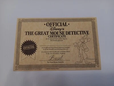 Vintage Anos 80 Disney THE GREAT MOUSE DETECTIVE Certificado SMUCKER’S JAM Promo - Imagem 1 de 4