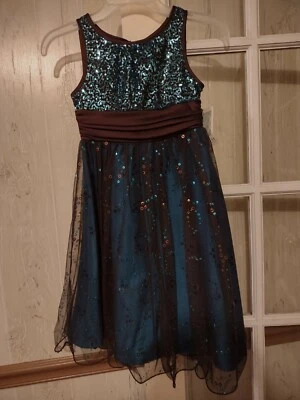 Vestido Bonnie Jean para Meninas Marrom Azul-petróleo Tamanho 7 Lantejoulas Faixa de Tule Sem Mangas NOVO - Imagem 1 de 4