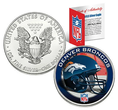 DENVER BRONCOS 1 Oz .999 Fine Silver American Eagle $1 US Coin NFL LICENSED - Image 1 of 2