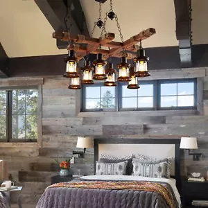 8-Light Chandelier Hanging Lamp Industrial Pendant Lights Wooden Ceiling Fixture - Picture 1 of 14