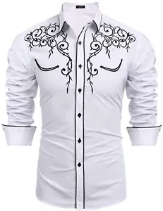 COOFANDY Men's Long Sleeve Embroidered Shirt Slim Fit White Button Up (X-Large) - Picture 1 of 7