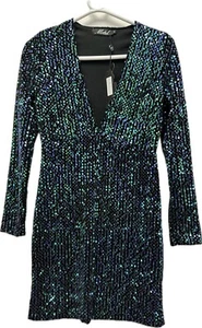 NEW Motel Meli Plunge Neck Bodycon Dress Size S Green Iridescent Sequin - Picture 1 of 11