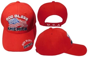 God Bless America USA Wavy Flag Red Adjustable Embroidered Hat Cap - Picture 1 of 6
