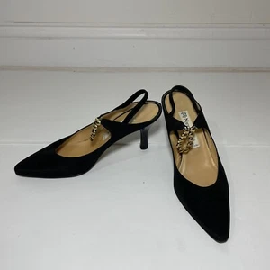 Nando Muzi Black Fabric Slingback Pointy Toe Heel Pumps 37 Us 7 Gold Accents - Picture 1 of 10