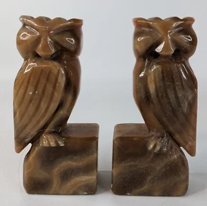 🦉 (2) Vintage Owl Bookends Book ends Onyx Marble Stone 6.5 inches Brown MCM - Picture 1 of 7