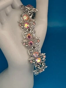 Coro Bracelet Vintage AB Pink Rhinestones Rhodium Plated Silver Tone Signed - Picture 1 of 10