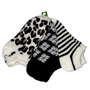Kate Spade No Show Socks Black Cream 3 Pair Low Cut Leopard Logo Gift Size 4-10 - Picture 1 of 11