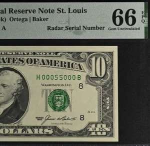 1985 $10 Federal Reserve Note PMG 66EPQ - Birthday Radar Serial Number 00055000 - Picture 1 of 3