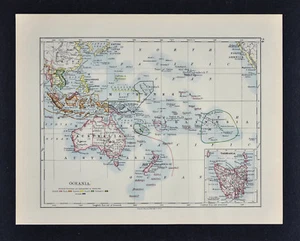 1895 Johnston Map Oceania Australia New Zealand Hawaii Tahiti Fiji South Pacific - Picture 1 of 1