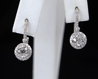 $12,550 18K White Gold 1.80ct Round Diamond Halo Set Drop Lever Back Earrings - Image 1 of 4