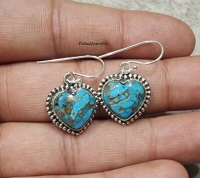 Brincos feitos à mão de prata esterlina 925 azul cobre turquesa joia de prata presente - Imagem 1 de 4