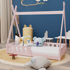 Montessori Kinderbett Tipi Zeltform Holz bodentief Rausfallschutz 140x70cm rosa