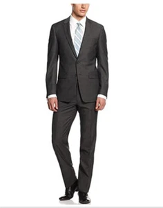 New DKNY Men 2 Pcs 100% Wool Suit Flat Front Pants Skinny Fit, Dark Grey,42R - Picture 1 of 1