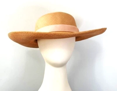 Vintage 1980s FRANK OLIVE Natural Straw Wide Brim Hat Peach Grosgrain Ribbon - Image 1 of 4