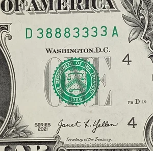 D38883333A $1 Binary Repeater 3s 8s Fancy Serial Number One Dollar Bill 2021 CU - Picture 1 of 3