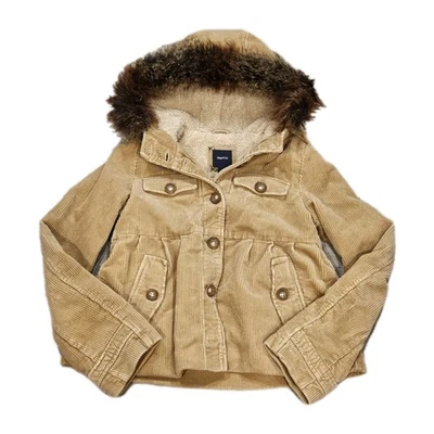 Gap Kids Girl Beige Tan Corduroy Sherpa Lined Warm Winter Hooded Coat Jacket XL - Image 1 of 4