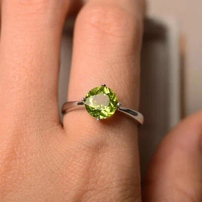 Round Cut 2.30 Ct Natural Peridot Solitaire Wedding Ring 14K solid white gold - Image 1 of 4