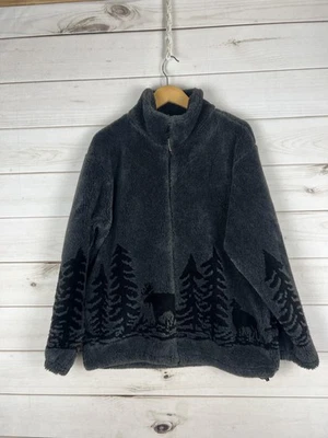 Coastlines Jacket Womens Medium Gray Sherpa Fleece Full Zip Wildlife Moose Bear - Image 1 of 4