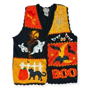 VTG HALLOWEEN KNIT SWEATER VEST CAT GHOST WHIMSICAL CELESTIAL MOON RHINESTONE - Picture 1 of 11