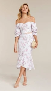 Forever New Skirt Size 14 White Floral Linen Fishtail Midi Claudia Petite Races - Picture 1 of 7