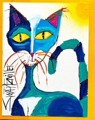 Impressionist BLUE CAT PAINTING POP ART Recycled CB Original SWARTZMILLER DNA - Image 1 of 4