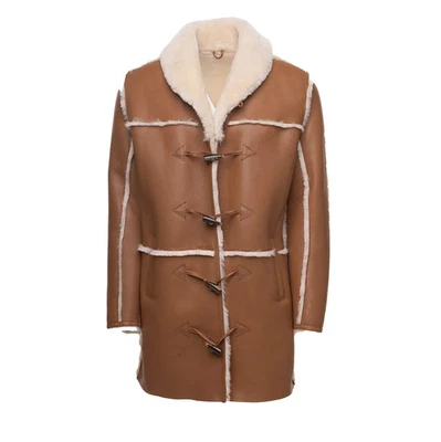 Men’s Sheepskin Shearling Coat Brown Leather Winter Duffle Jacket Warm Fur Lined - Image 1 of 4