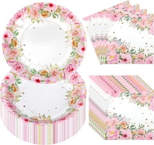 Umigy 100 Pcs Tea Party Supplies Disposable Plates Napkin Set Tableware Pink - Picture 1 of 7