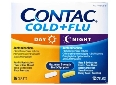 Medicamento para resfriados y gripe día + noche Contac, alivio de fuerza máxima 28 unidades Foto 1 de 4