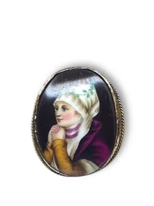 Antique Large Gold-Filled Frame Hand-Painted Portrait Brooch - Picture 1 of 6