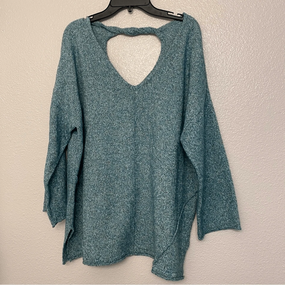 DEMOCRACY blue soft mid weight open back soft stretch sweater v neck L - Image 1 of 4