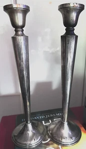 Vintage Sterling Silver Weighted Candlesticks Mono M Tapers Flicker Burn 10"Fire - Picture 1 of 10