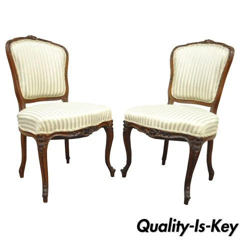 Pair of Antique Carved Walnut French Victorian Louis XV Style Side Accent Chairs Cover