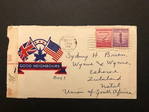 Cacheted USA - GB WWII 1941 cover’Good Neighbours’ Mailed US-S.Africa’censored - Picture 1 of 1