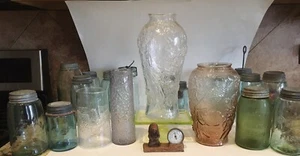 Antique Goofus Glass Vase Cockatoo Bird Cockatiel Flowers Pickle Jar Large Rare - Picture 1 of 12
