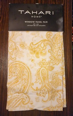 Tahari Home Window Panel Pair Gold Paisley White 37"x96" Back Tab Rod Pocket - Image 1 of 3