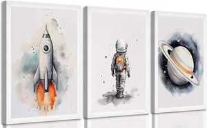 3 Pcs Space Nursery Canvas Wall Art Whimsical Outer Space Astronauts Kid Paintin - Picture 1 of 12