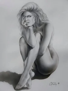 ORIGINAL KOUFAY Nude PIN UP PAINTING Grayscale Airbrush SIGNED 1998 Mixed Media - Bild 1 von 7