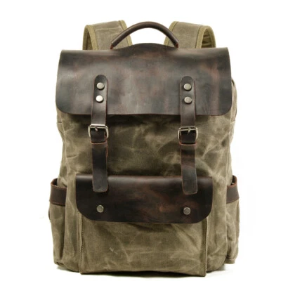 Men/Women Canvas+Leather Backpack Satchel Camping Bag Travel Bag Cotton Handbag - Image 1 of 4