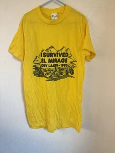 Vintage 1983 Ched I Survived El Mirage Dry Lakes Thin Yellow T-Shirt Small USA - Picture 1 of 15
