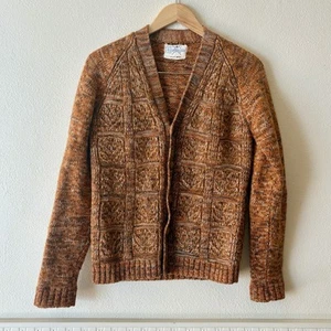 Vintage Norwegian 100% Wool Cardigan Orange Brown Cream S Heavy Winter Cottage - Picture 1 of 9