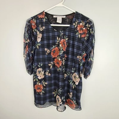 American Rag Cie Women's Top L Black Blue Plaid Floral Sheer Boho Rouched Sleeve - Image 1 of 4