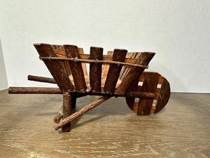 Stunning Vintage Wood Rattan Push Cart Wheelbarrow Planter Plant Stand Basket - Picture 1 of 8