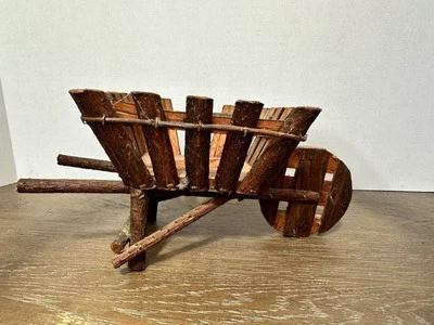 Stunning Vintage Wood  Rattan Push Cart Wheelbarrow Planter Plant Stand Basket - Image 1 of 4