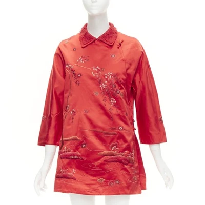SHIATZY CHEN red silk lace collar floral cloud embroidery qipao top IT44 L - Image 1 of 4